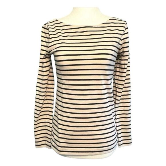 J. Crew Striped Boat Neck Tee Ivory Navy Blue Knit Long Sleeves Classic XXS - Picture 1 of 5